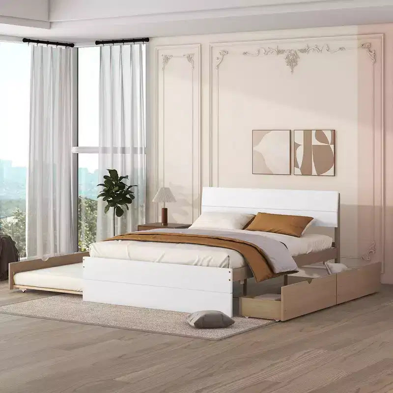 Full Size Platform Bed Frame with Twin Trundle and 2 Storage Drawers, White and Oak