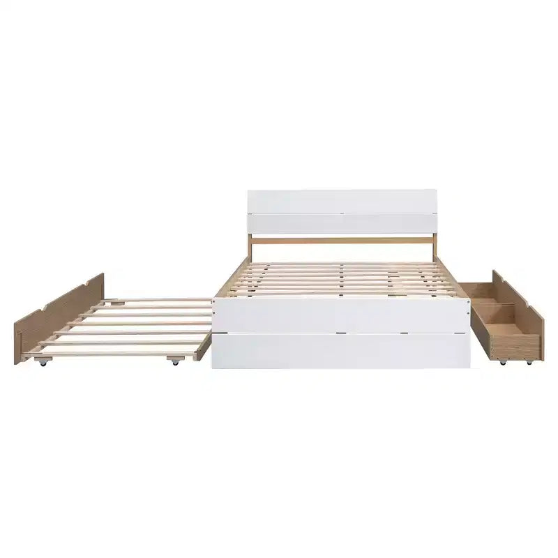 Struttura letto a piattaforma matrimoniale con letto estraibile singolo e 2 cassetti portaoggetti, bianco e rovere