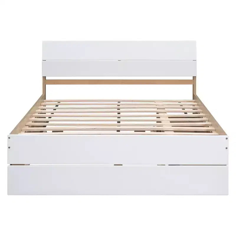 Struttura letto a piattaforma matrimoniale con letto estraibile singolo e 2 cassetti portaoggetti, bianco e rovere