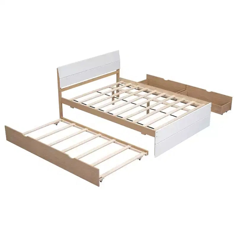 Struttura letto a piattaforma matrimoniale con letto estraibile singolo e 2 cassetti portaoggetti, bianco e rovere