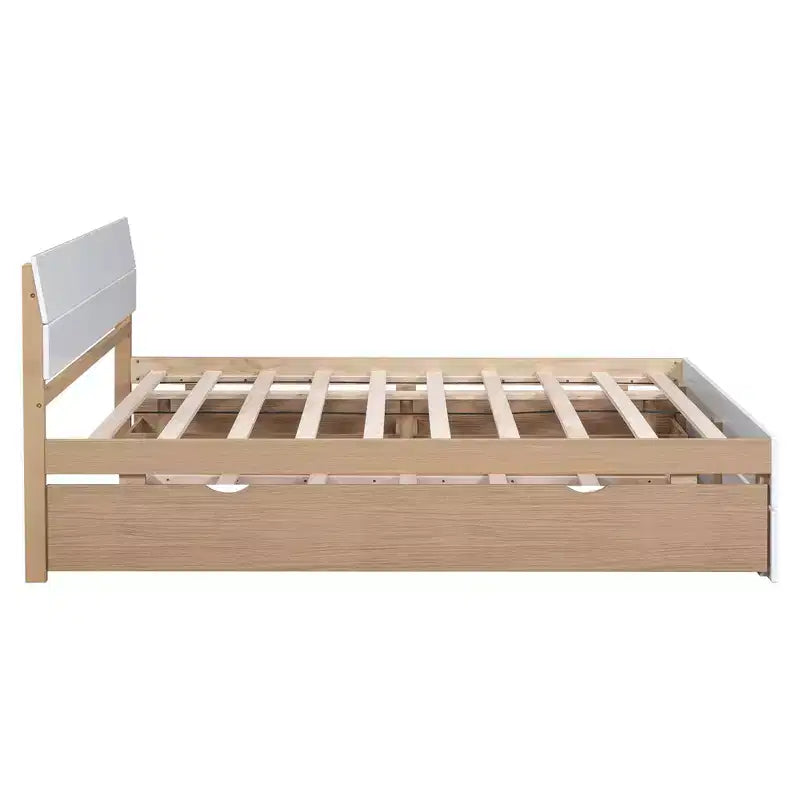 Struttura letto a piattaforma matrimoniale con letto estraibile singolo e 2 cassetti portaoggetti, bianco e rovere