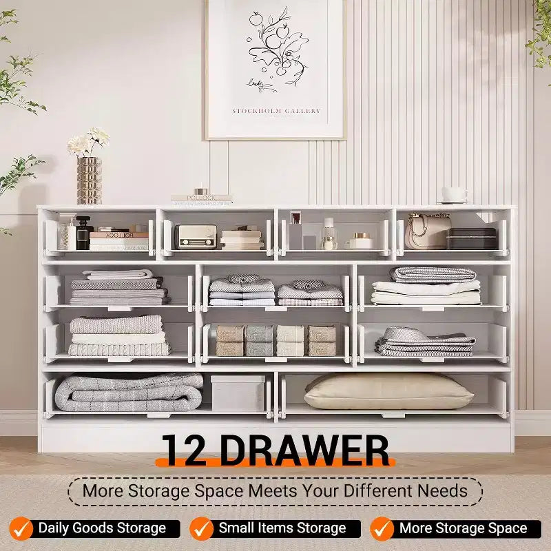 12-Drawer Wood Dresser – 61" Wide Chest of Drawers & TV Stand for Bedroom, Living Room or Hallway