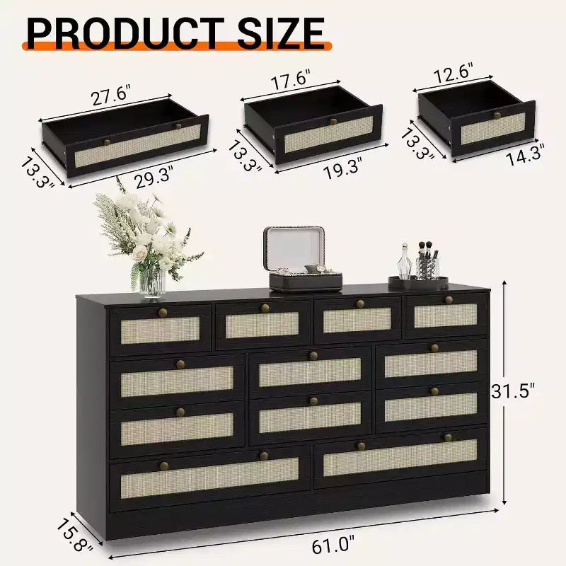 12-Drawer Wood Dresser – 61" Wide Chest of Drawers & TV Stand for Bedroom, Living Room or Hallway