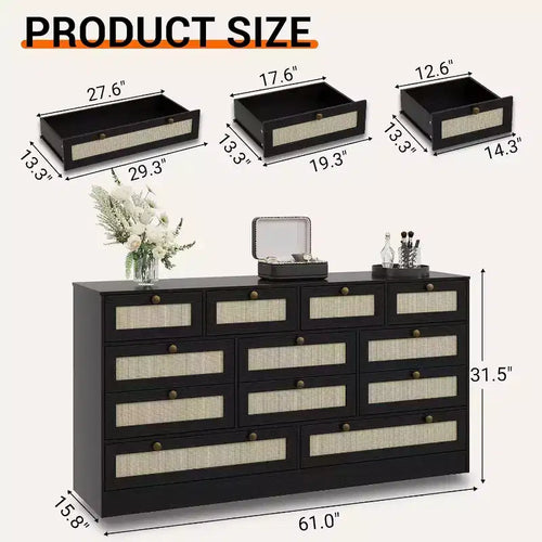 12-Drawer Wood Dresser – 61" Wide Chest of Drawers & TV Stand for Bedroom, Living Room or Hallway