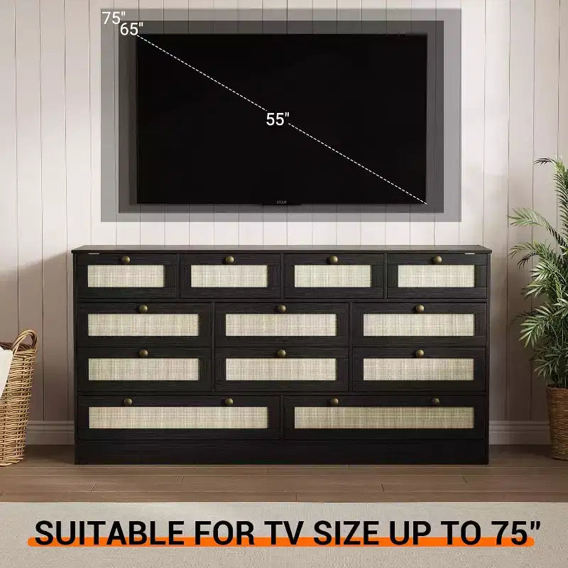12-Drawer Wood Dresser – 61" Wide Chest of Drawers & TV Stand for Bedroom, Living Room or Hallway