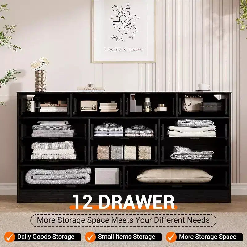 12-Drawer Wood Dresser – 61" Wide Chest of Drawers & TV Stand for Bedroom, Living Room or Hallway