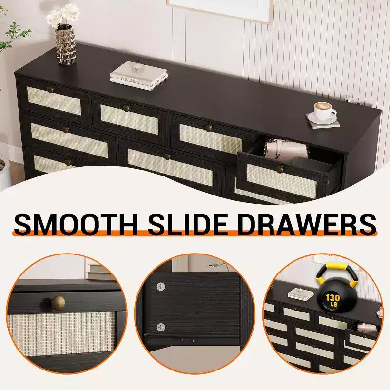 12-Drawer Wood Dresser – 61" Wide Chest of Drawers & TV Stand for Bedroom, Living Room or Hallway