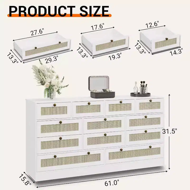 12-Drawer Wood Dresser – 61" Wide Chest of Drawers & TV Stand for Bedroom, Living Room or Hallway