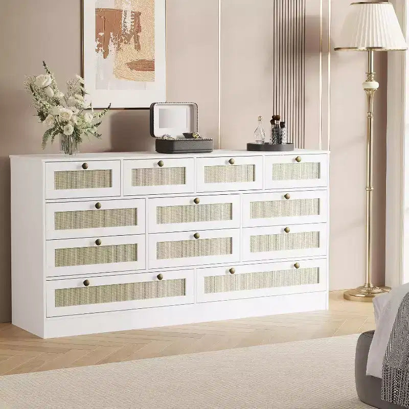 12-Drawer Wood Dresser – 61" Wide Chest of Drawers & TV Stand for Bedroom, Living Room or Hallway