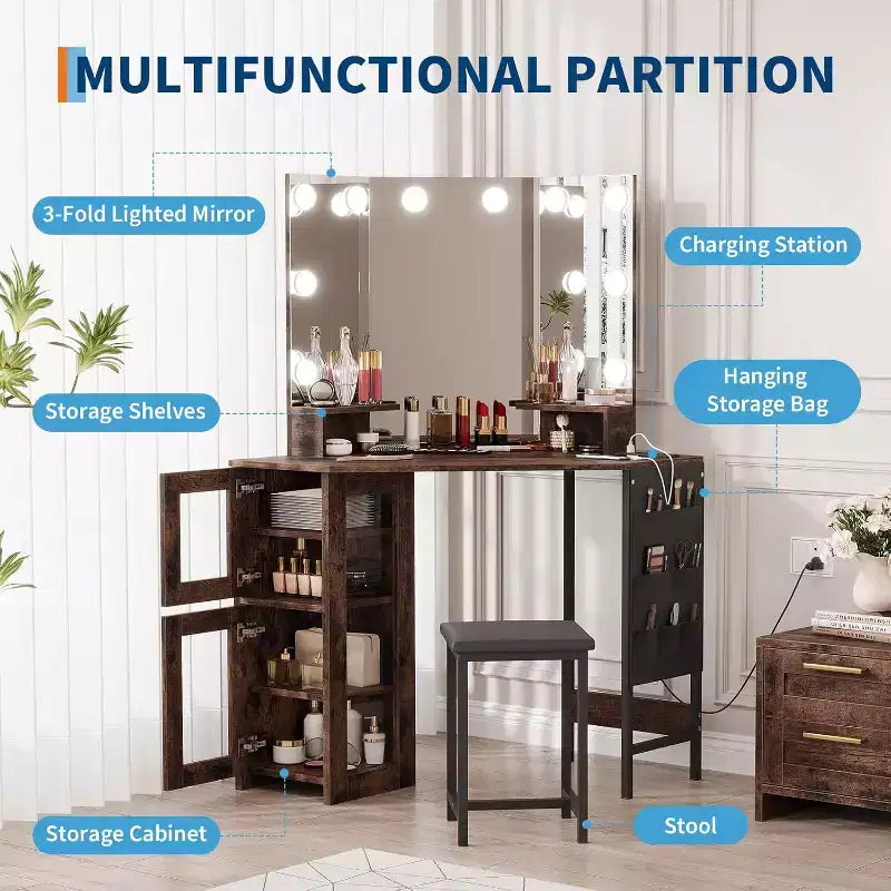 Corner Vanity Desk with Lighted Tri-Fold Mirror and Built-In Power Station