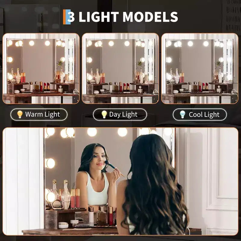Corner Vanity Desk with Lighted Tri-Fold Mirror and Built-In Power Station
