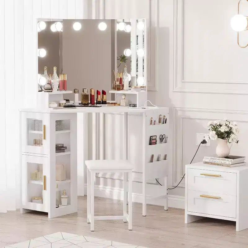 Corner Vanity Desk with Lighted Tri-Fold Mirror and Built-In Power Station