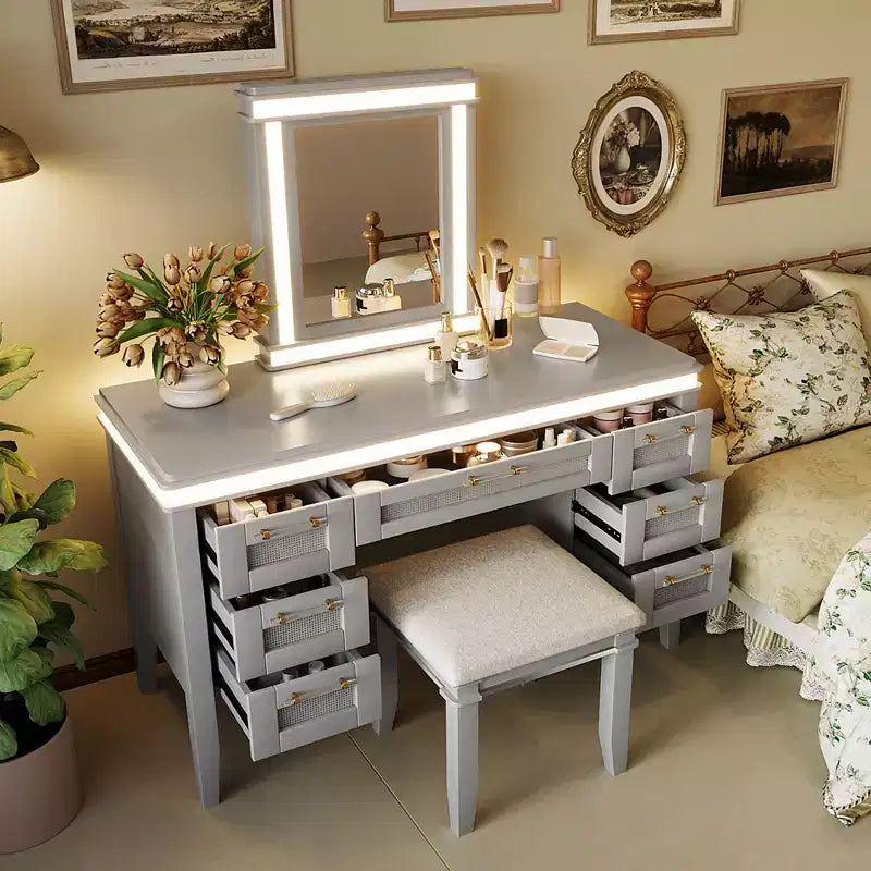 44.37" Makeup Vanity Desk with Tri-Fold Mirror, 5 Drawers, Shelves and 2 Cabinets