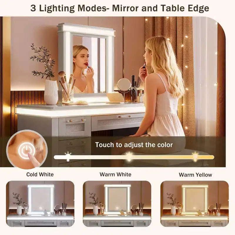 44.37" Makeup Vanity Desk with Tri-Fold Mirror, 5 Drawers, Shelves and 2 Cabinets