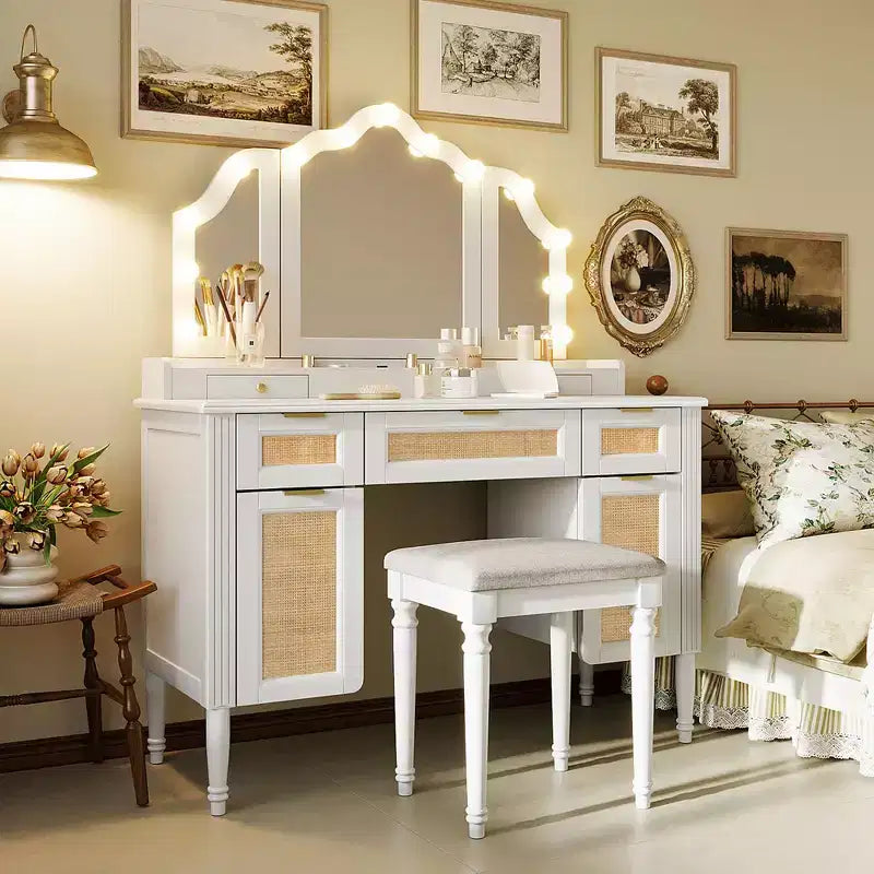 44.37" Makeup Vanity Desk with Tri-Fold Mirror, 5 Drawers, Shelves and 2 Cabinets