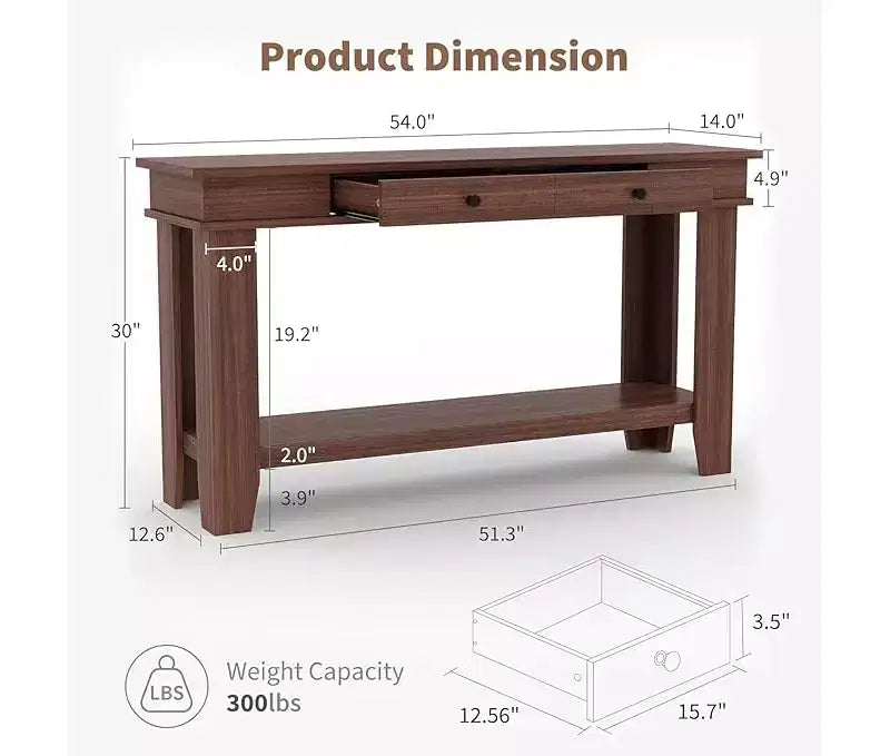 54-Inch Console Table with 2 Drawers and Open Storage Shelf