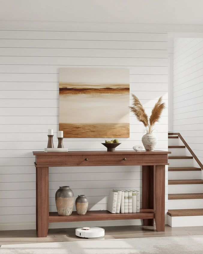 Console Table with 2 Drawers & Open Storage Shelf, 54 Inch Long Sofa Table Industrial-Style Hallway Table, with Storage Shelf
