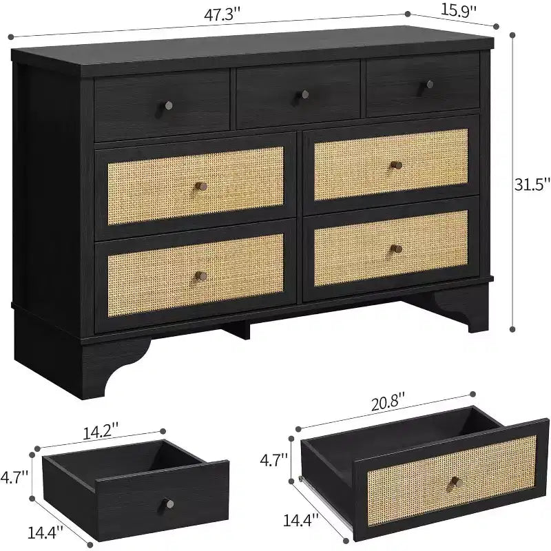 Cassettiera a 7 cassetti con frontali in rattan naturale, mobile contenitore in legno largo 120 cm