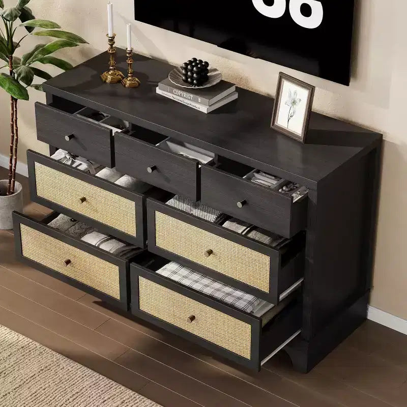 7 Drawer Dresser with Natural Rattan Fronts, 47.3" Wide Wood Storage Chest