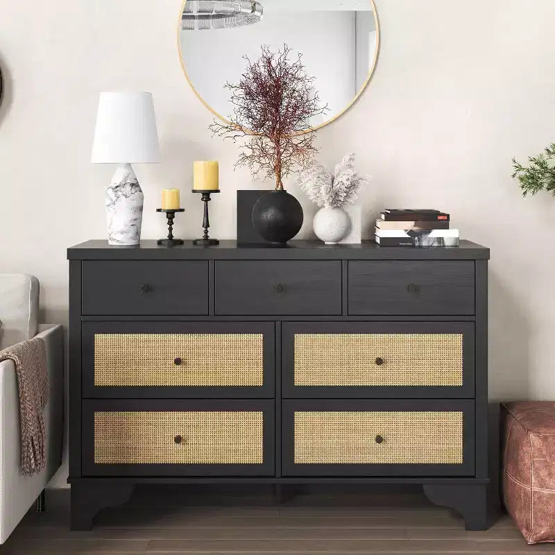 7 Drawer Dresser with Natural Rattan Fronts, 47.3" Wide Wood Storage Chest