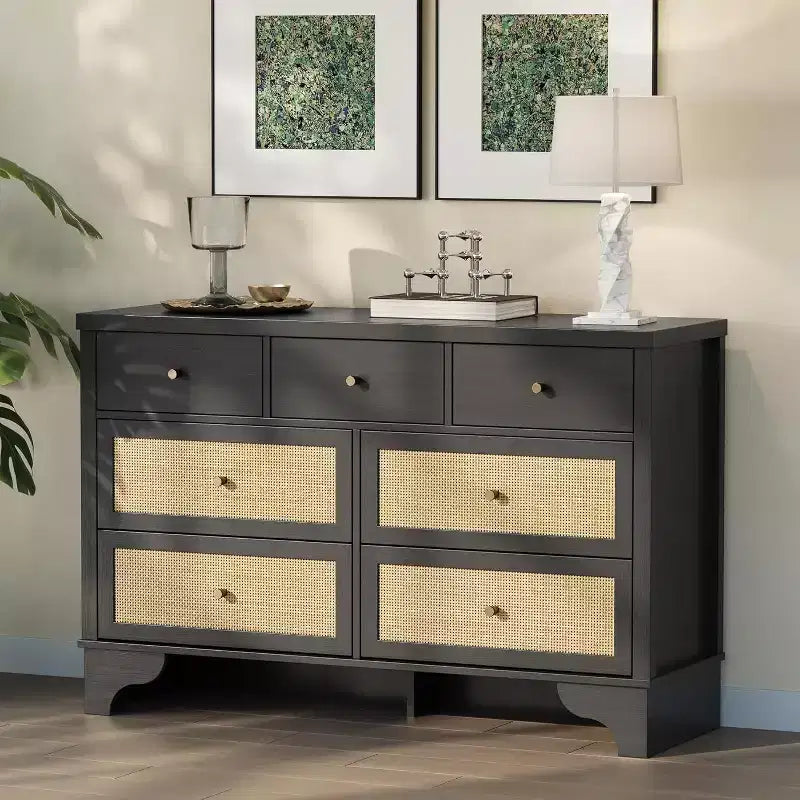 Cassettiera a 7 cassetti con frontali in rattan naturale, mobile contenitore in legno largo 120 cm