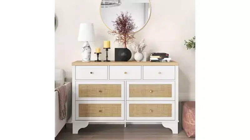 7 Drawer Dresser with Natural Rattan Fronts, 47.3" Wide Wood Storage Chest