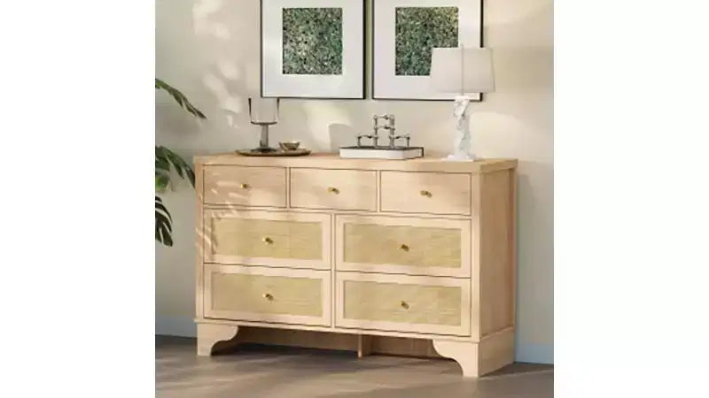 7 Drawer Dresser with Natural Rattan Fronts, 47.3" Wide Wood Storage Chest