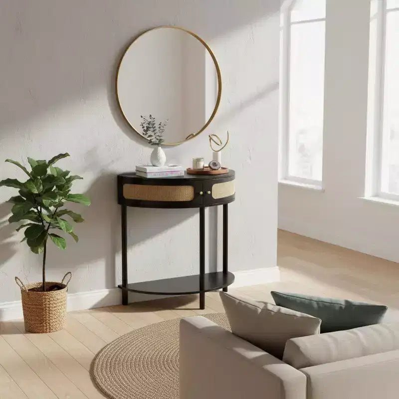 Consolle a mezzaluna con frontale in rattan, piano in MDF e gambe in legno massello, larga 80 cm con cassetto portaoggetti