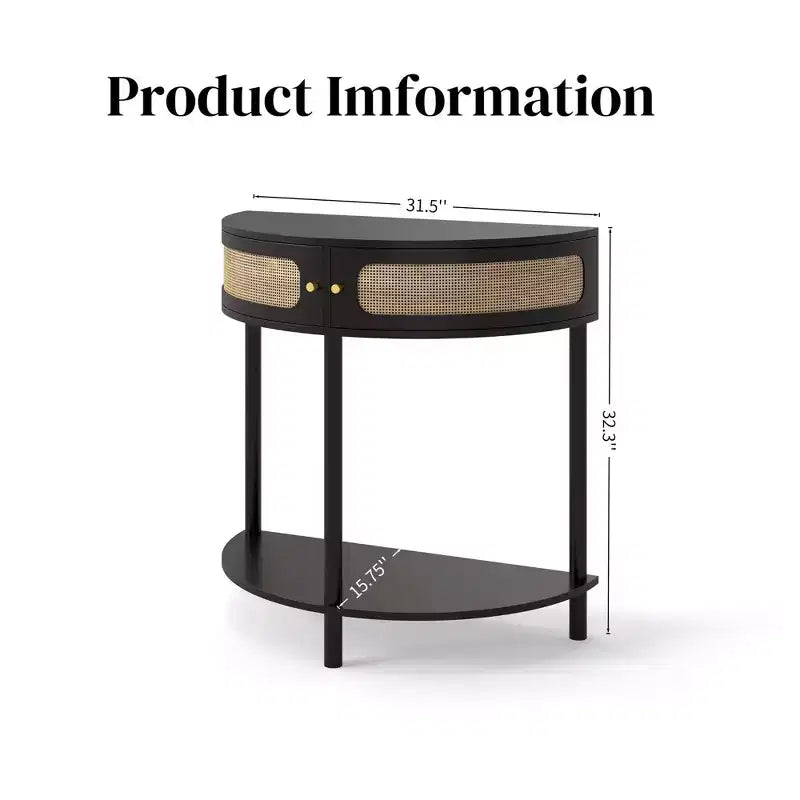 Half-Moon Console Table with Rattan Front, MDF Top & Solid Wood Legs, 31.5" Wide with Storage Drawer