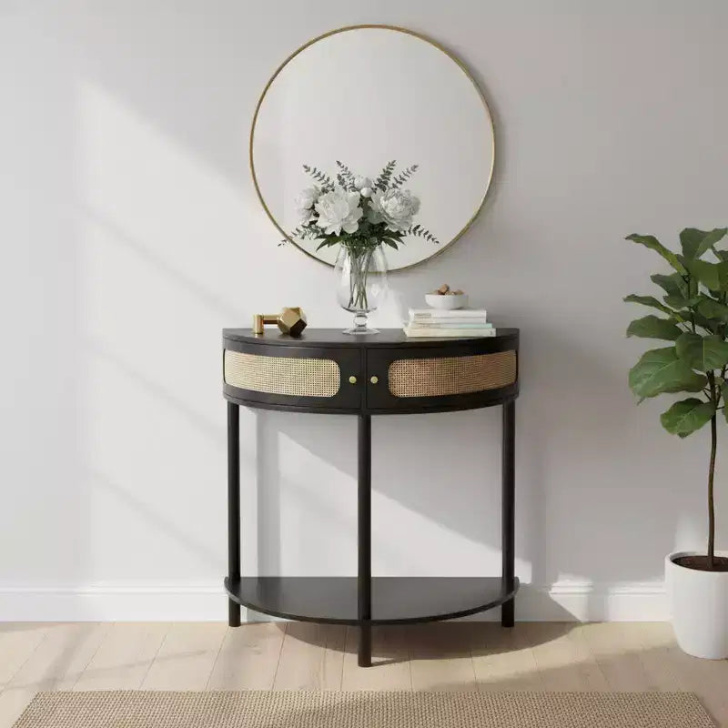 Half-Moon Console Table with Rattan Front, MDF Top & Solid Wood Legs, 31.5" Wide with Storage Drawer