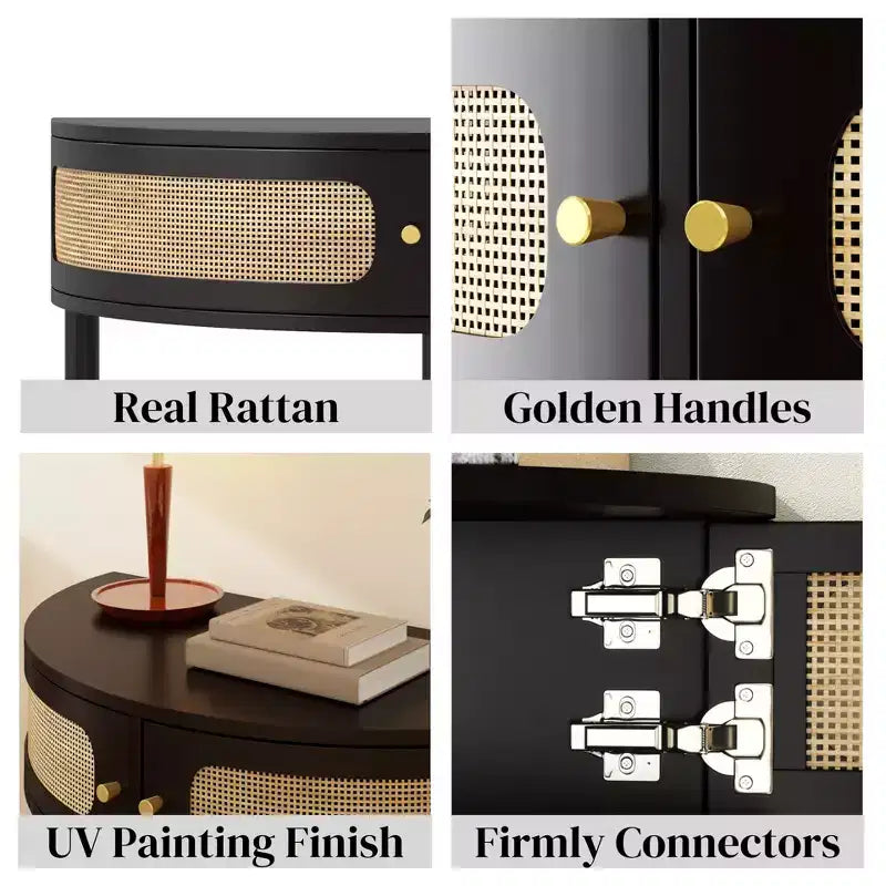 Consolle a mezzaluna con frontale in rattan, piano in MDF e gambe in legno massello, larga 80 cm con cassetto portaoggetti