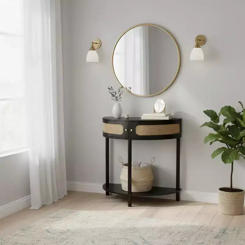 Consolle a mezzaluna con frontale in rattan, piano in MDF e gambe in legno massello, larga 80 cm con cassetto portaoggetti