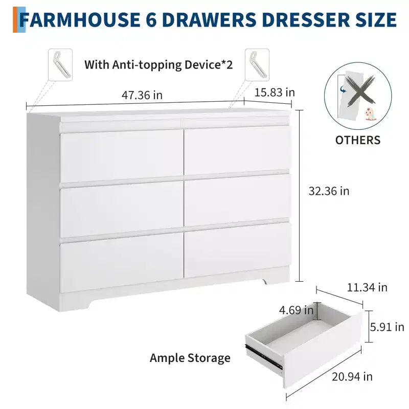 6-Drawer Dresser with Farmhouse Style, 47 Inch Wide