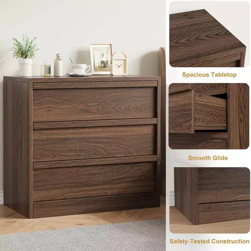 Modern 3-Drawer Dresser,Versatile Bedside Nightstand & Storage Chest for Bedroom, Nursery, Entryway,Walnut
