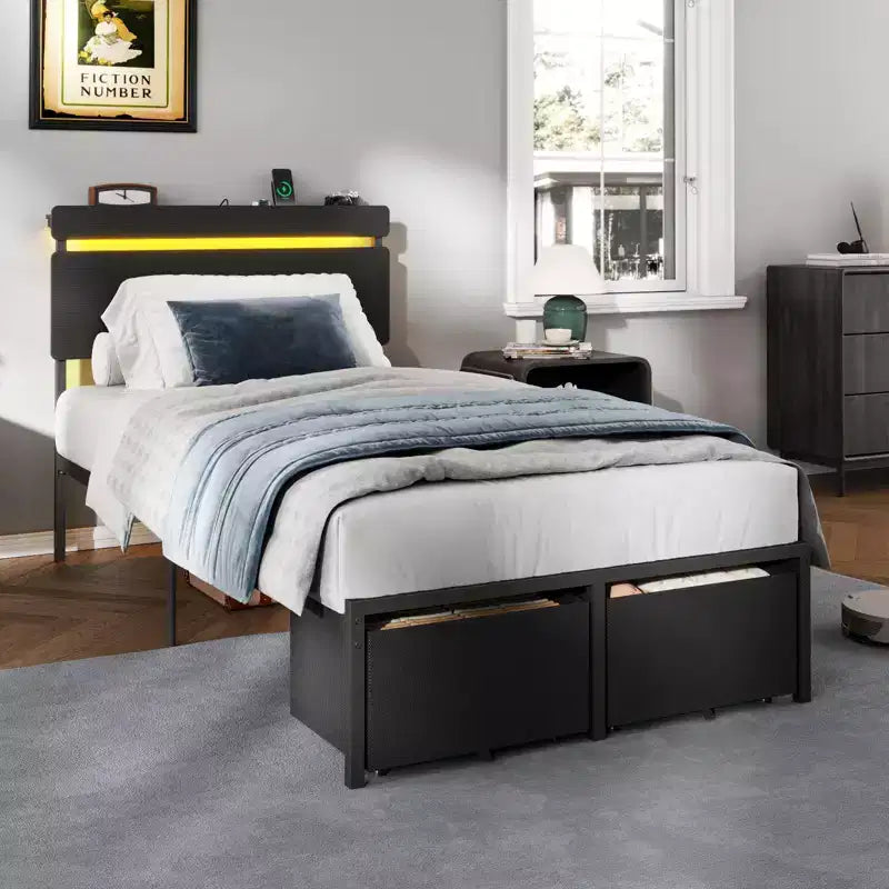 Struttura Letto Singolo Nero con Cassetti Contenitori e Scaffale Incorporati, Stazione di Ricarica, Luci LED, Supporto in Metallo, Testiera in Legno, Stile Industriale