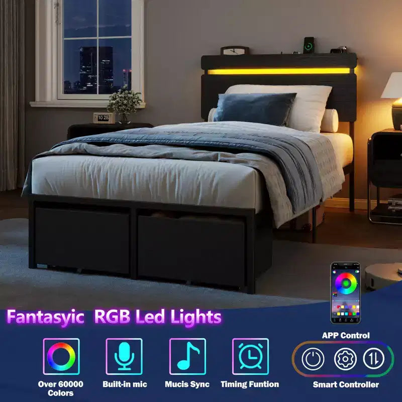 Black Twin Bed Frame with Storage Drawers and Shelf Built in Charging Station LED Lights Metal Platform Support Wood Headboard Industrial