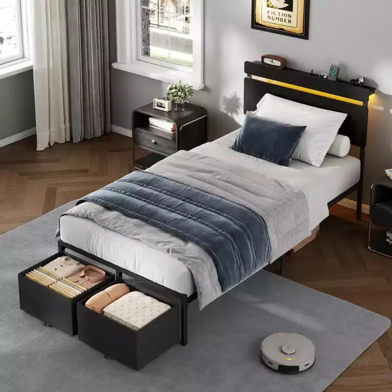 Black Twin Bed Frame with Storage Drawers and Shelf Built in Charging Station LED Lights Metal Platform Support Wood Headboard Industrial