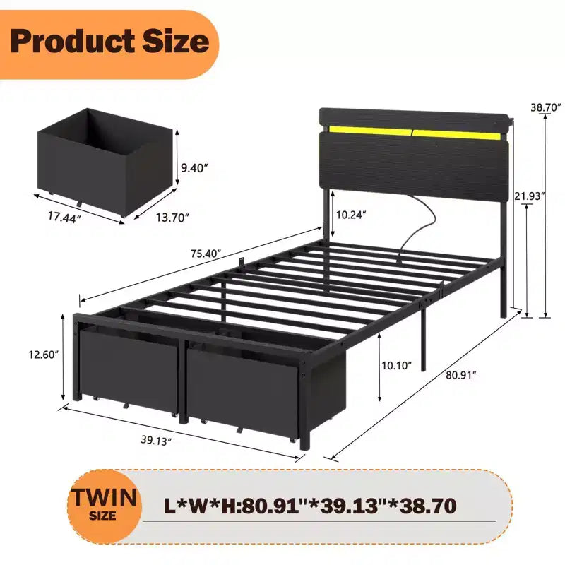 Black Twin Bed Frame with Storage Drawers and Shelf Built in Charging Station LED Lights Metal Platform Support Wood Headboard Industrial