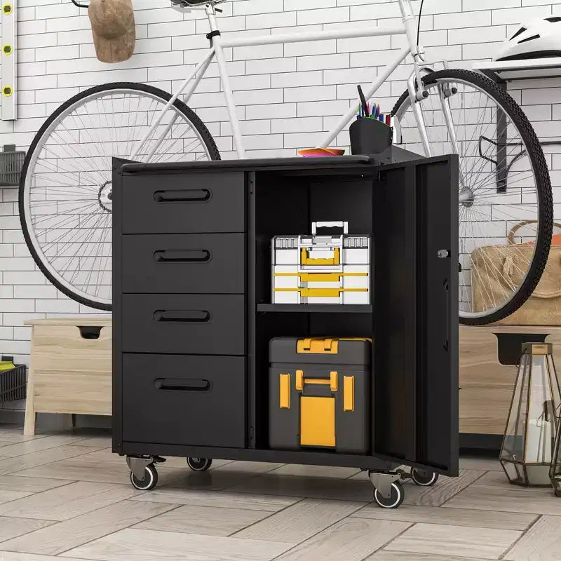 Rolling Steel Tool Cabinet – 4 Drawers + Lockable Storage, 34.65"Hx29.53"Wx16.5"D