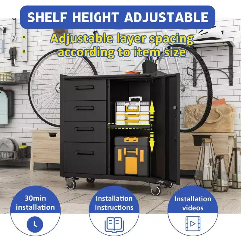 Rolling Steel Tool Cabinet – 4 Drawers + Lockable Storage, 34.65"Hx29.53"Wx16.5"D