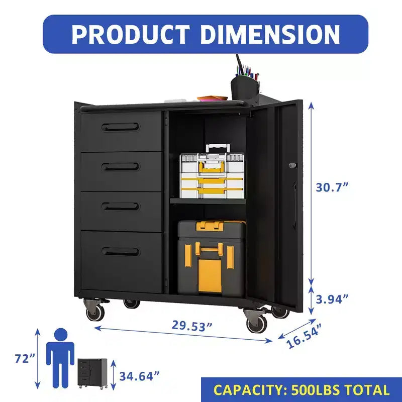 Carrello portautensili in acciaio su ruote – 4 cassetti + armadietto con serratura, 88A x 75L x 42P cm