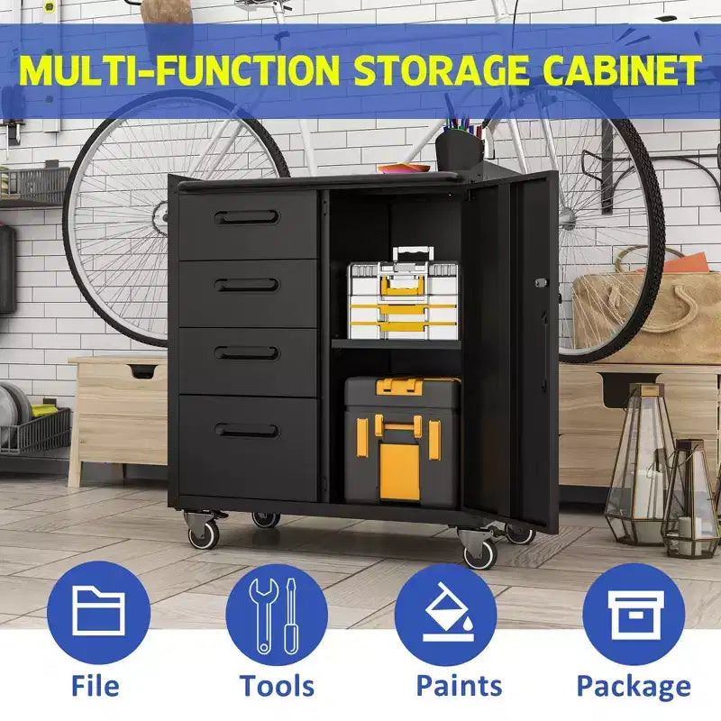 Carrello portautensili in acciaio su ruote – 4 cassetti + armadietto con serratura, 88A x 75L x 42P cm
