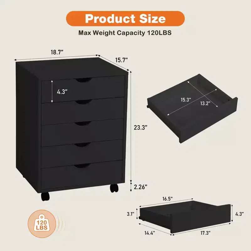 Schedario Mobile con Cassetti in Legno e Ruote – 64,2 A x 47,5 L x 39,8 P cm, MDF