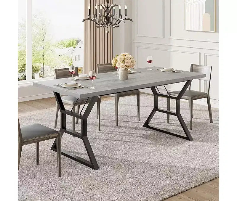 Tavolo da Pranzo Rettangolare con Dettaglio "Vita" – Piano in Legno Ingegnerizzato, Gambe in Metallo, 6 Posti, 180 cm L x 75 cm P x 74,5 cm H