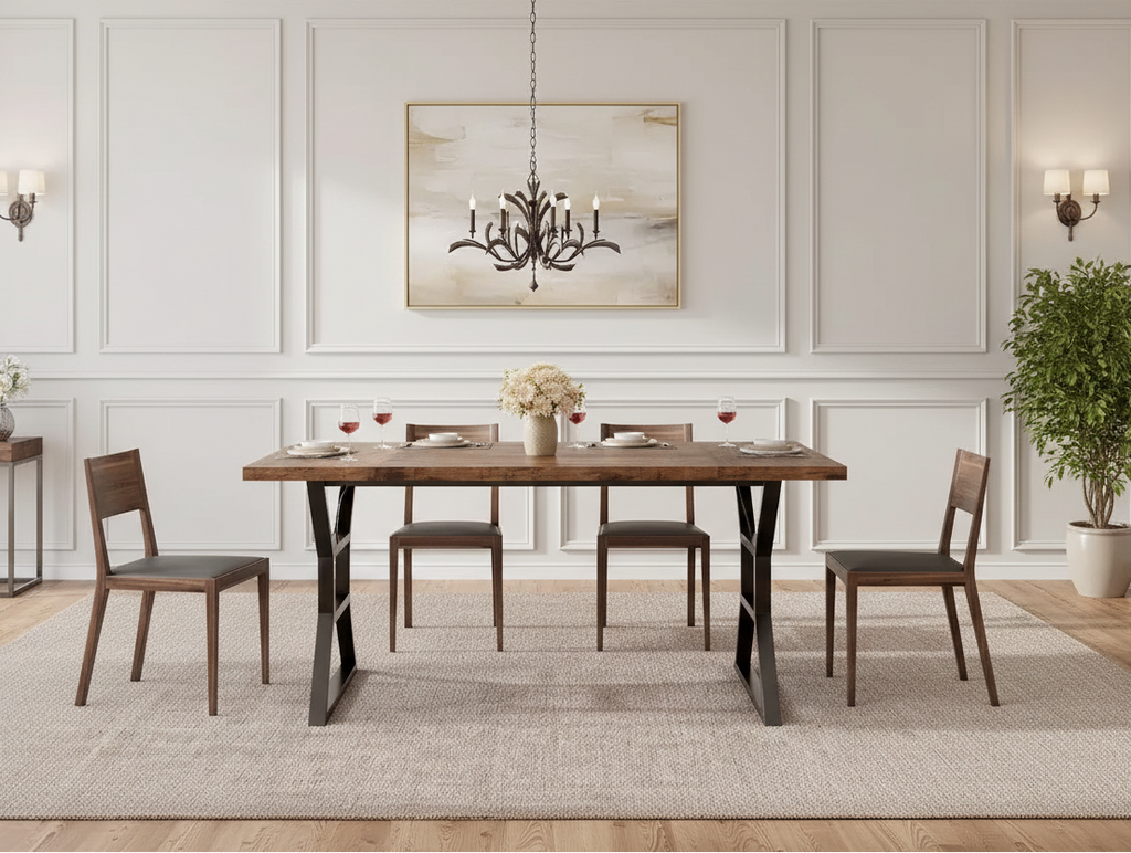 Tavolo da Pranzo Rettangolare con Dettaglio "Vita" – Piano in Legno Ingegnerizzato, Gambe in Metallo, 6 Posti, 180 cm L x 75 cm P x 74,5 cm H