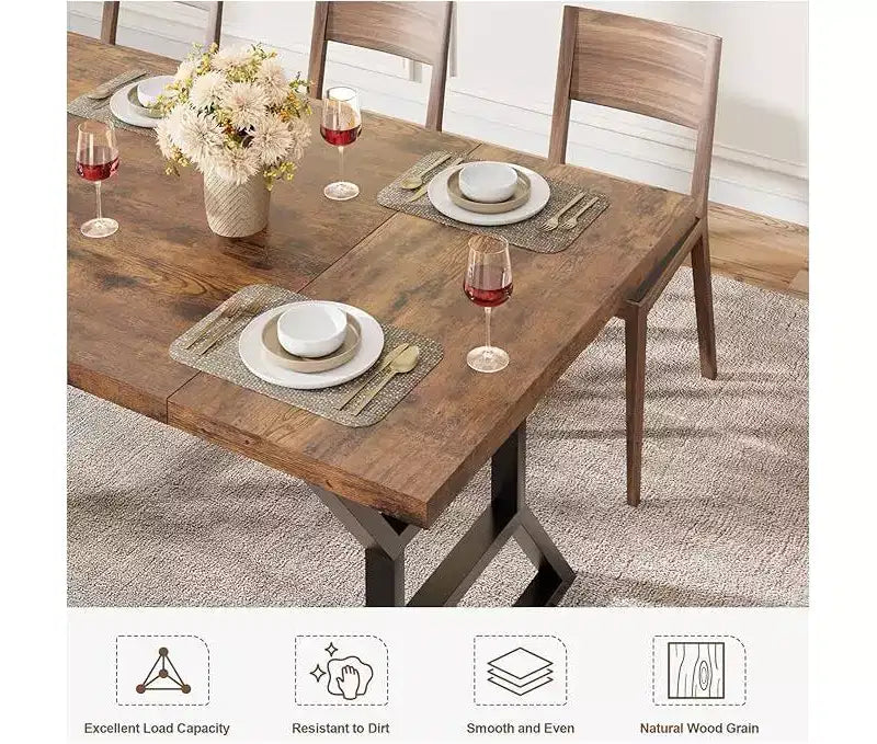 Tavolo da Pranzo Rettangolare con Dettaglio "Vita" – Piano in Legno Ingegnerizzato, Gambe in Metallo, 6 Posti, 180 cm L x 75 cm P x 74,5 cm H