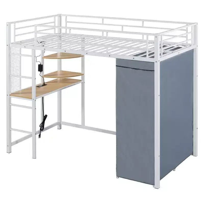 Letto a soppalco in metallo con scrivania integrata, mensole, presa di corrente, luce a LED e armadio in tessuto – Singolo/Matrimoniale