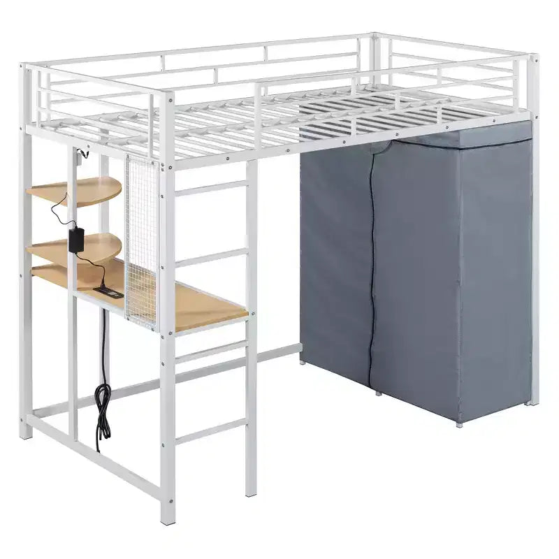 Letto a soppalco in metallo con scrivania integrata, mensole, presa di corrente, luce a LED e armadio in tessuto – Singolo/Matrimoniale