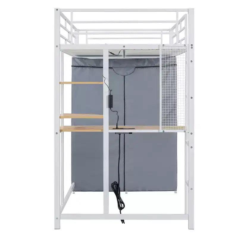 Letto a soppalco in metallo con scrivania integrata, mensole, presa di corrente, luce a LED e armadio in tessuto – Singolo/Matrimoniale