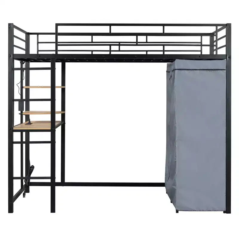 Letto a soppalco in metallo con scrivania integrata, mensole, presa di corrente, luce a LED e armadio in tessuto – Singolo/Matrimoniale